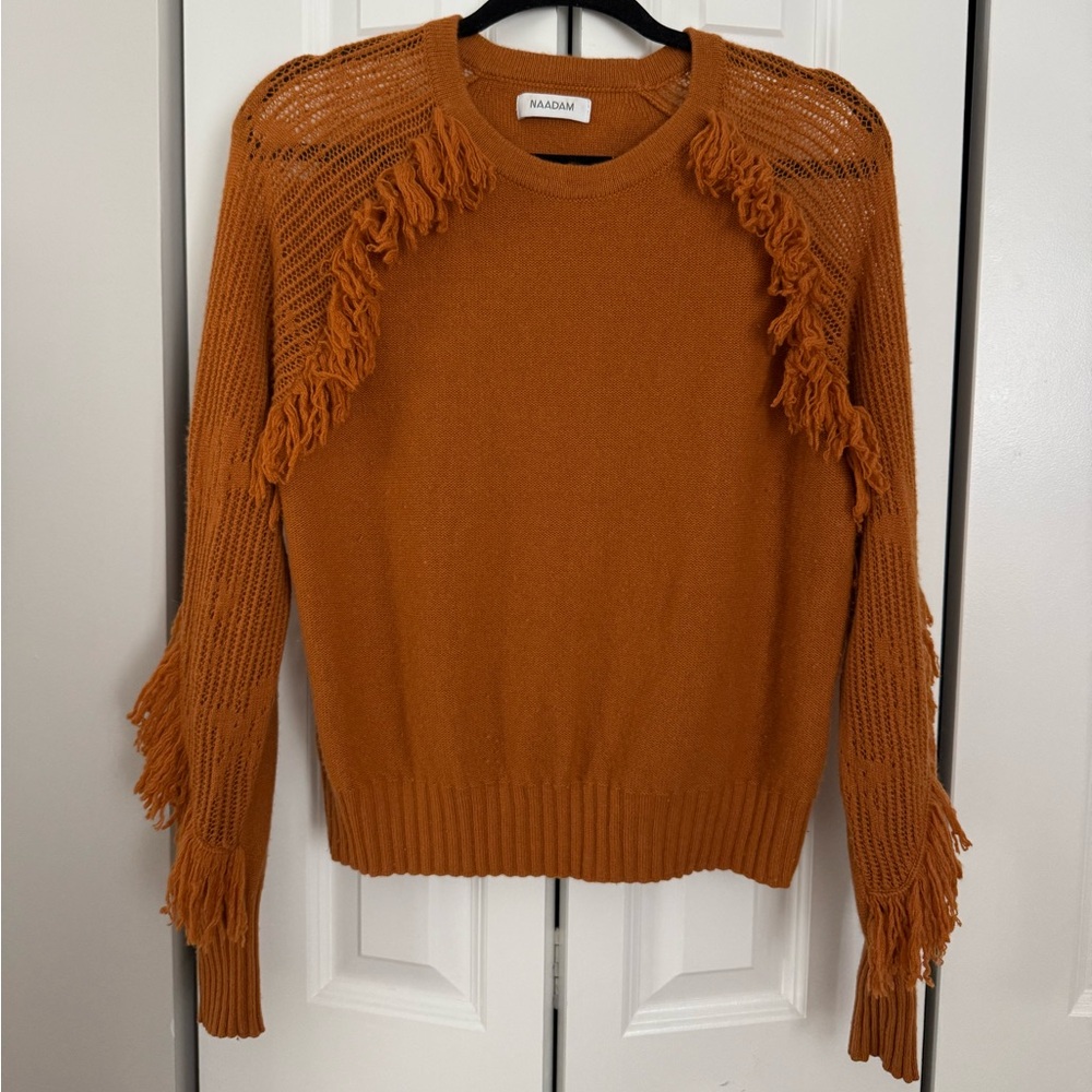 Orange NAADAM Fringe Wool / Cashmere Long Sleeve Sweater (Size S)